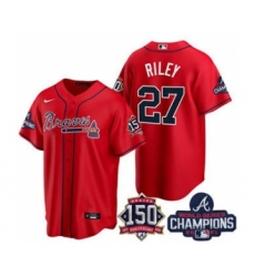 Men's Atlanta Braves #27 Austin Riley 2021 Red World Series Champions With 150th Anniversary Patch Cool Base Stitched Jersey
