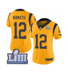 Women's Nike Los Angeles Rams #12 Joe Namath Limited Gold Rush Vapor Untouchable Super Bowl LIII Bound NFL Jersey