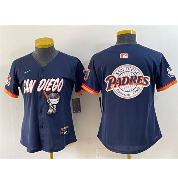 Women's San Diego Padres X Hello Kitty Team Big Logo Obsidian 2026 City Connect Stadium Stitched Baseball Jersey(Run Small)
