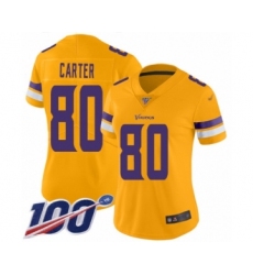 Women's Minnesota Vikings #80 Cris Carter Limited Gold Inverted Legend 100th Season Football Jersey