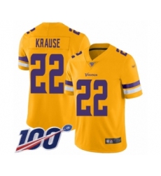 Men's Minnesota Vikings #22 Paul Krause Limited Gold Inverted Legend 100th Season Football Jersey