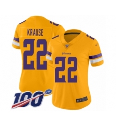 Women's Minnesota Vikings #22 Paul Krause Limited Gold Inverted Legend 100th Season Football Jersey