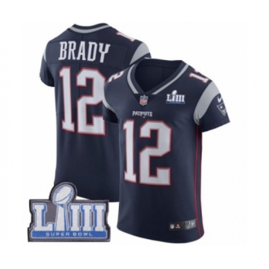 Men's Nike New England Patriots #12 Tom Brady Navy Blue Team Color Vapor Untouchable Elite Player Super Bowl LIII Bound NFL Jersey
