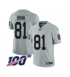 Youth Oakland Raiders #81 Tim Brown Limited Silver Inverted Legend 100th Season Football Jersey