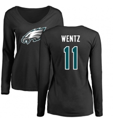 Women's Nike Philadelphia Eagles #11 Carson Wentz Black Name & Number Logo Slim Fit Long Sleeve T-Shirt.