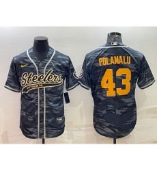 Men's Pittsburgh Steelers #43 Troy Polamalu Grey Navy Camo With Patch Cool Base Stitched Baseball Jersey