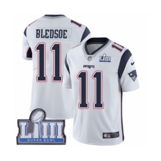 Men's Nike New England Patriots #11 Drew Bledsoe White Vapor Untouchable Limited Player Super Bowl LIII Bound NFL Jersey