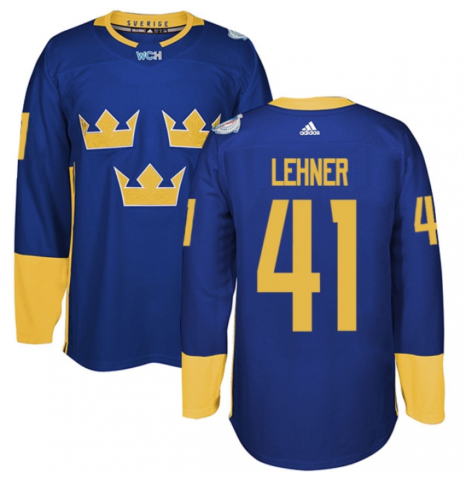 Men's Adidas Team Sweden #41 Robin Lehner Premier Royal Blue Away 2016 World Cup of Hockey Jersey