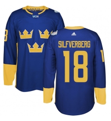 Men's Adidas Team Sweden #18 Jakob Silfverberg Premier Royal Blue Away 2016 World Cup of Hockey Jersey
