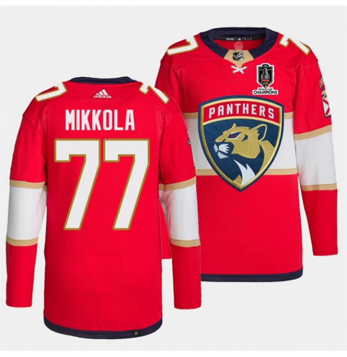 Men's Florida Panthers #77 Niko Mikkola Red Home 2024 Stanley Cup Champions Stitched Jersey