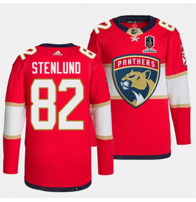 Men's Florida Panthers #82 Kevin Stenlund Red Home 2024 Stanley Cup Champions Stitched Jersey
