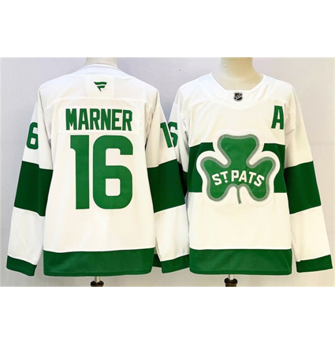 Men's Toronto Maple Leafs #16 Mitchell Marner White Green 2024-25 With A Stitched Jersey