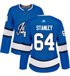 Women's Adidas Winnipeg Jets #64 Logan Stanley Authentic Blue Alternate NHL Jersey