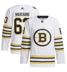 Men's Boston Bruins #63 Brad Marchand White 100th Anniversary Primegreen Stitched Jersey