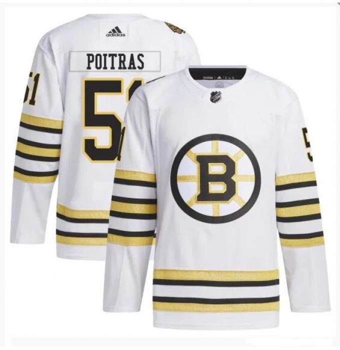 Men's Boston Bruins #51 Matthew Poitras White 100th Anniversary Stitched Jersey