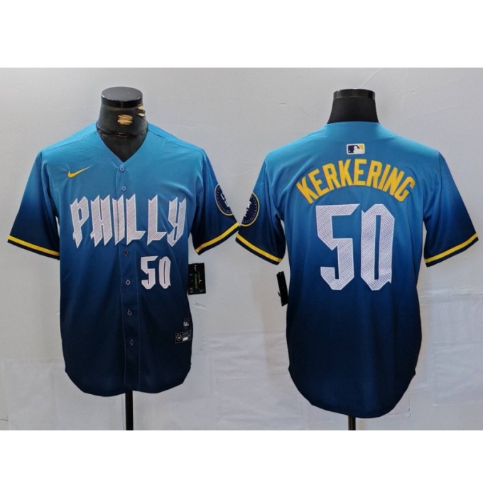 Men's Philadelphia Phillies #50 Orion Kerkering Number Blue 2024 City Connect Limited Stitched Jersey