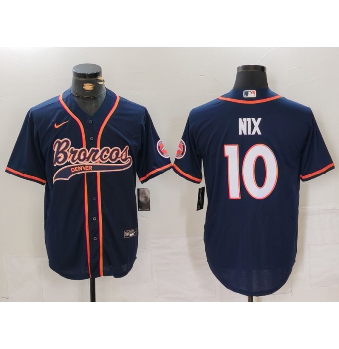 Men's Denver Broncos #10 Bo Nix Navy Cool Base Stitched Baseball Jersey