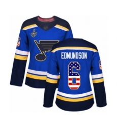 Women's St. Louis Blues #6 Joel Edmundson Authentic Blue USA Flag Fashion 2019 Stanley Cup Final Bound Hockey Jersey