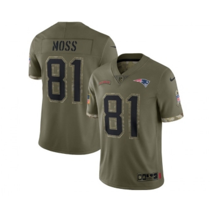 Men's New England Patriots #81 Randy Moss 2022 Olive Salute To Service Limited Stitched Jersey