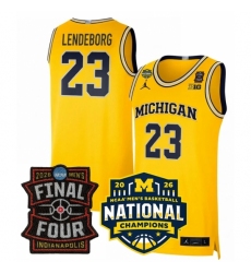 Men's Michigan Wolverines #23 Yaxel Lendeborg Yellow 2025 26 Final Four National Champions Patch Stitched Basketball Jersey