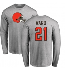 NFL Nike Cleveland Browns #21 Denzel Ward Ash Name & Number Logo Long Sleeve T-Shirt