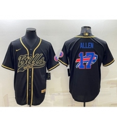 Men's Buffalo Bills #17 Josh Allen Black Gold Team Big Logo With Patch Cool Base Stitched Baseball Jersey