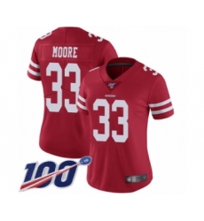Women's San Francisco 49ers #33 Tarvarius Moore Red Team Color Vapor Untouchable Limited Player 100th Season Football Jersey