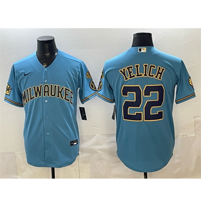 Men's Milwaukee Brewers #22 Christian Yelich Blue With Home & Bob Uecker Stitched Baseball Jersey