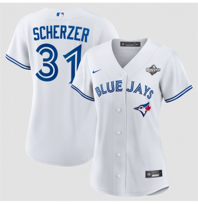 Women's Toronto Blue Jays #31 Max Scherzer White 2025 World Series Home Cool Base Stitched Baseball Jersey(Run Small)