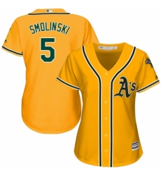 Women's Majestic Oakland Athletics #5 Jake Smolinski Replica Gold Alternate 2 Cool Base MLB Jersey