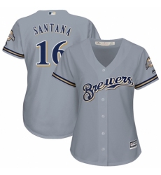 Women's Majestic Milwaukee Brewers #16 Domingo Santana Replica Grey Road Cool Base MLB Jersey