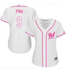 Women's Majestic Milwaukee Brewers #9 Manny Pina Authentic White Fashion Cool Base MLB Jersey
