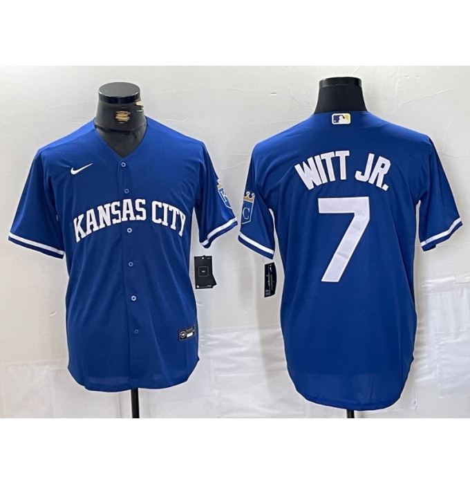 Men's Kansas City Royals #7 Bobby Witt Jr Blue Cool Base Stitched MLB Jersey