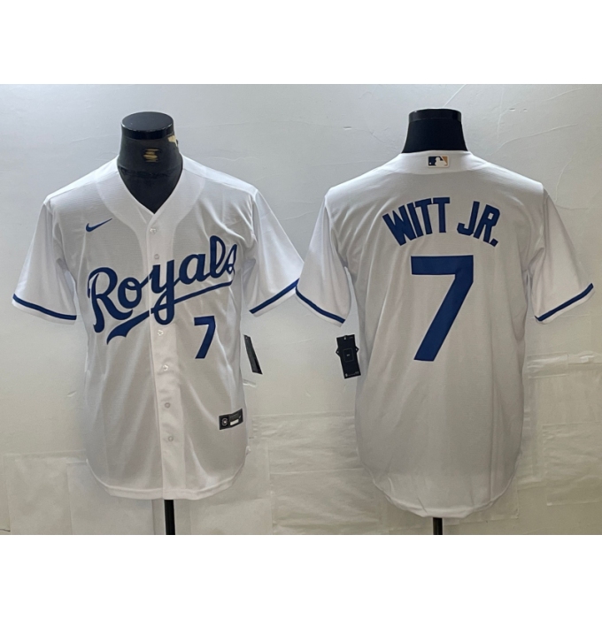 Men's Kansas City Royals #7 Bobby Witt Jr Number White Cool Base Stitched MLB Jersey1
