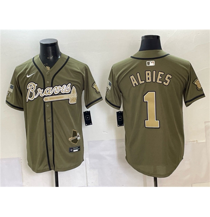 Men's Atlanta Braves #1 Ozzie Albies Olive 2026 Armed Forces Day Stitched Baseball Jersey
