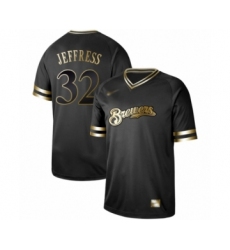 Men's Milwaukee Brewers #32 Jeremy Jeffress Authentic Black Gold Fashion Baseball Jersey
