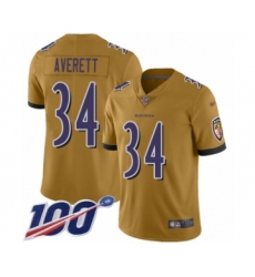 Youth Baltimore Ravens #34 Anthony Averett Limited Gold Inverted Legend 100th Season Football Jersey