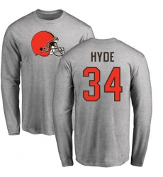 NFL Nike Cleveland Browns #34 Carlos Hyde Ash Name & Number Logo Long Sleeve T-Shirt
