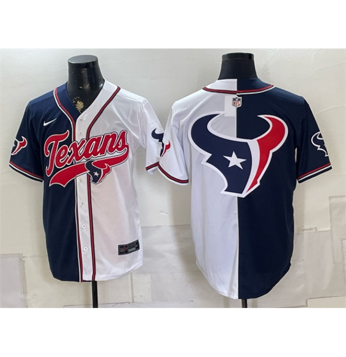 Men's Houston Texans Team Big Logo Navy White Split With Cool Base Stitched Baseball Jersey