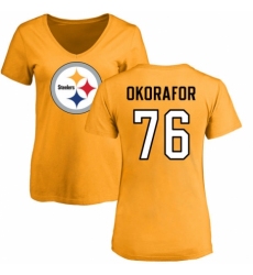 Women's Nike Pittsburgh Steelers #76 Chukwuma Okorafor Gold Name & Number Logo Slim Fit T-Shirt