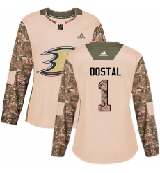 Women's Adidas Anaheim Ducks #1 Lukas Dostal Authentic Camo Veterans Day Practice NHL Jersey