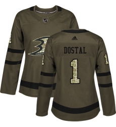 Women's Adidas Anaheim Ducks #1 Lukas Dostal Authentic Green Salute to Service NHL Jersey