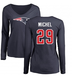 NFL Women's Nike New England Patriots #29 Sony Michel Navy Blue Name & Number Logo Slim Fit Long Sleeve T-Shirt