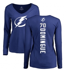 NHL Women's Adidas Tampa Bay Lightning #70 Louis Domingue Royal Blue Backer V-Neck Long-Sleeve T-Shirt