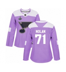 Women's St. Louis Blues #71 Jordan Nolan Authentic Purple Fights Cancer Practice 2019 Stanley Cup Champions Hockey Jersey