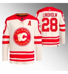 Men's Calgary Flames #28 Elias Lindholm 2023 Cream Heritage Classic Primegreen Stitched Jersey