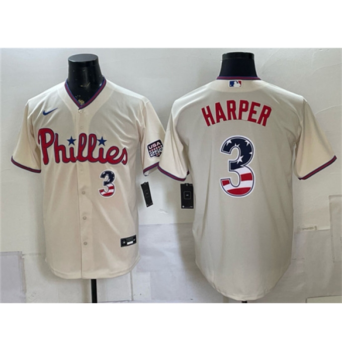 Men's Philadelphia Phillies #3 Bryce Harper Cream USA 250 Fourth of July Home Stitched Baseball Jersey