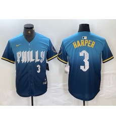 Mens Philadelphia Phillies #3 Bryce Harper Number Blue 2024 City Connect Limited Stitched Jersey