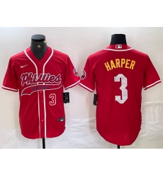 Men's Philadelphia Phillies #3 Bryce Harper Number Red Cool Base Stitched Baseball Jersey