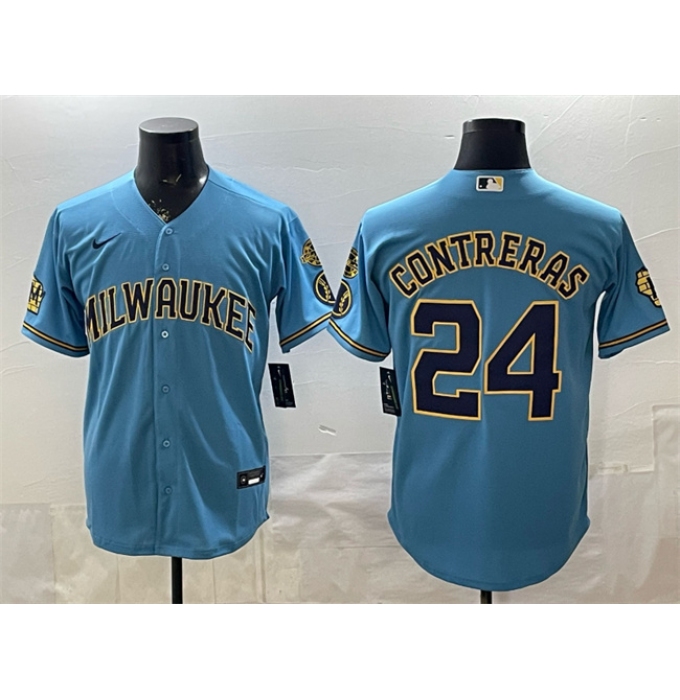 Men's Milwaukee Brewers #24 William Contreras Blue With Home & Bob Uecker Stitched Baseball Jersey